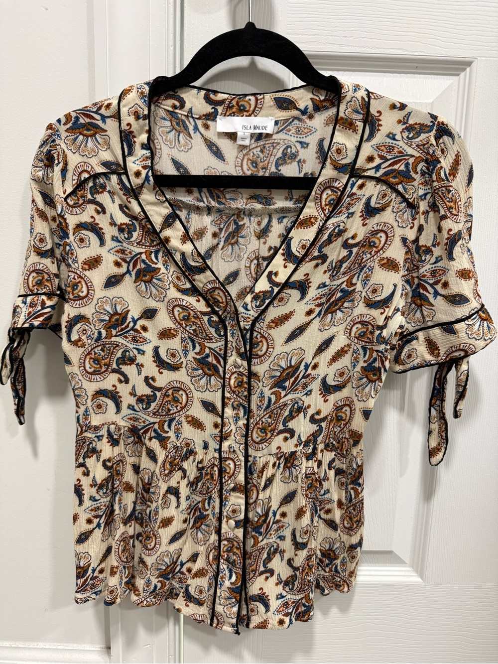 ISLA MAUDE Beige/Blue/Brown Paisley Button Front Tie Sleeve Rayon Blouse S